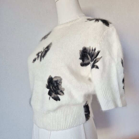Vintage'90s Express Tricot Floral Rabbit Hair Blend Short Sleeve Sweater Ivory - Picture 4 of 11